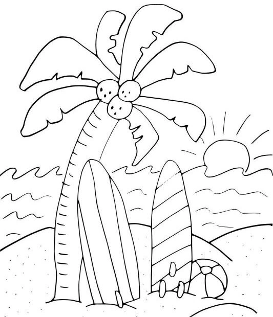 Coloring page palm tree on the beach welcomes summer